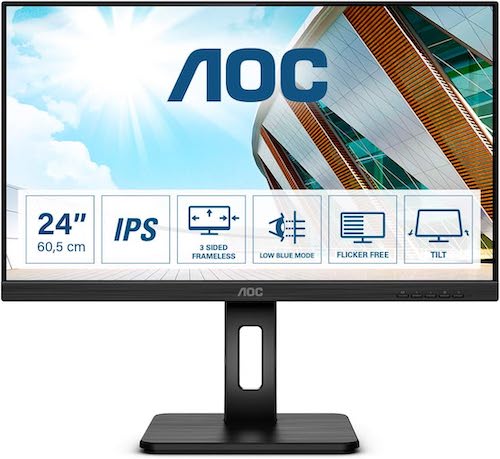 Ein 24 Zoll Monitor, Typ: AOC Q24P2Q - Frontansicht farbig  mit Standfuß 