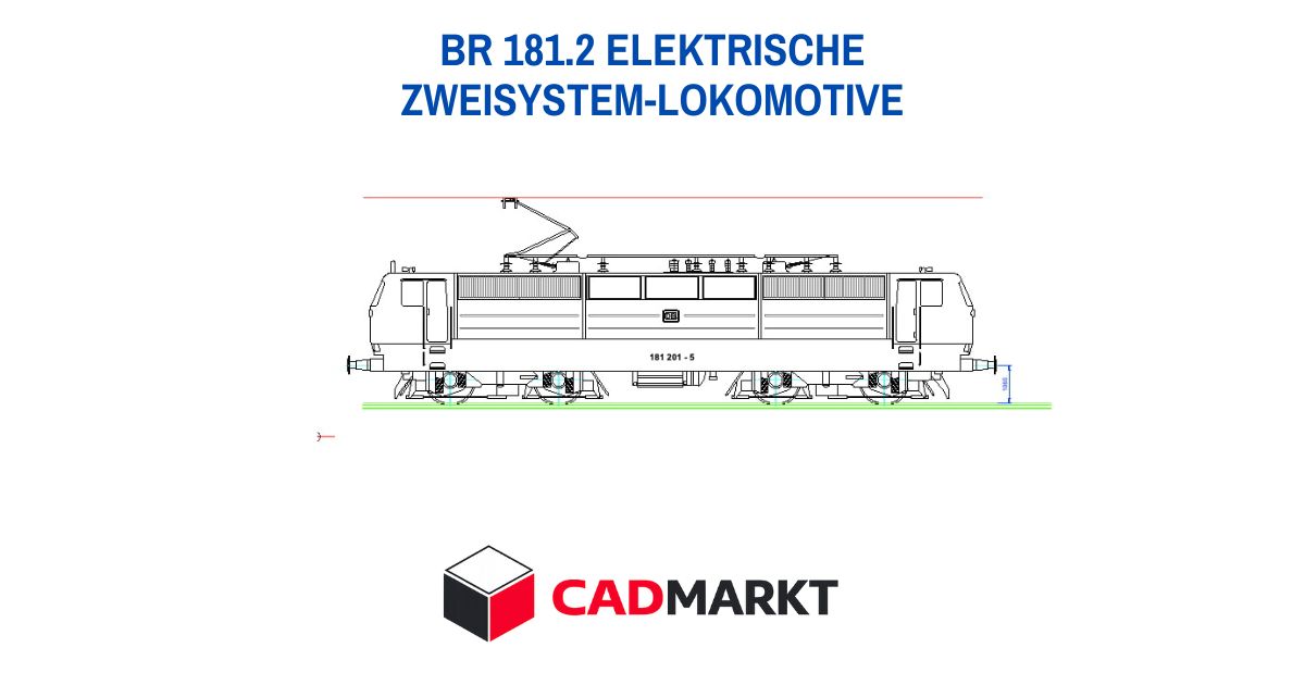 Elektrolokomotive Br 181.2 als technische Zeichnung, Hintergrund weiss