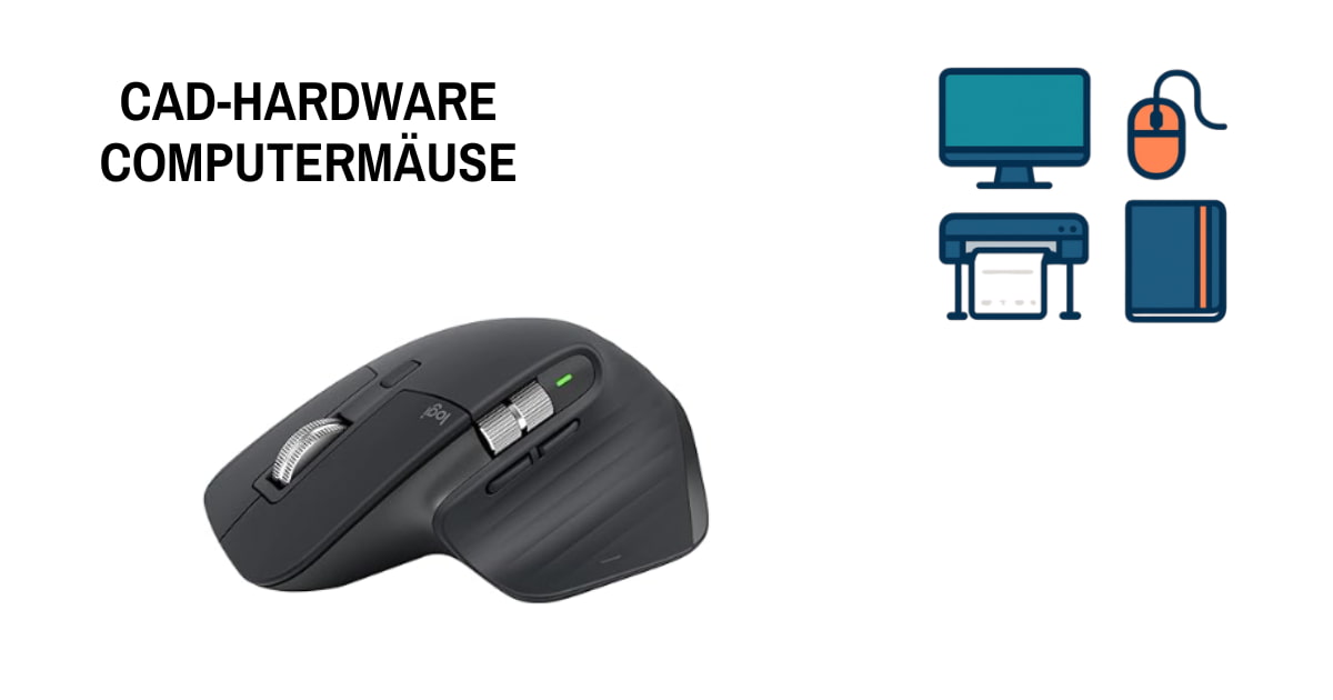 CAD-Maus - Darstellung einer Computermaus in Isometrieansicht - Symbole Plotter, Maus, Monitor und Notebook
