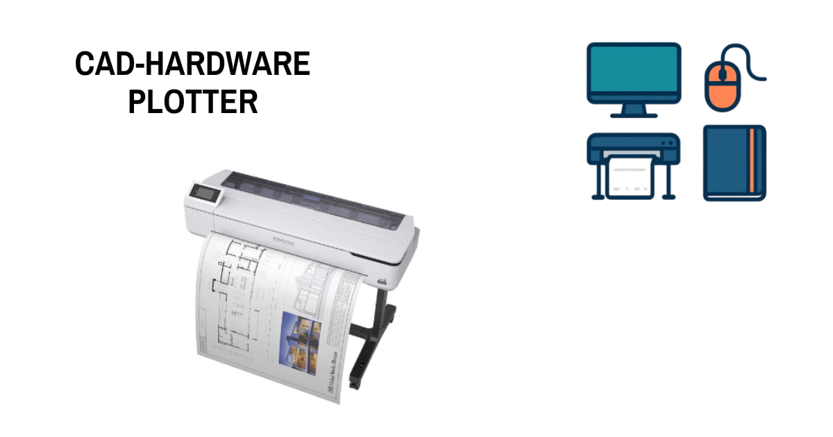 CAD-Plotter - Darstellung eines Plotters in Isometrieansicht - Symbole Plotter, Maus, Monitor und Notebook