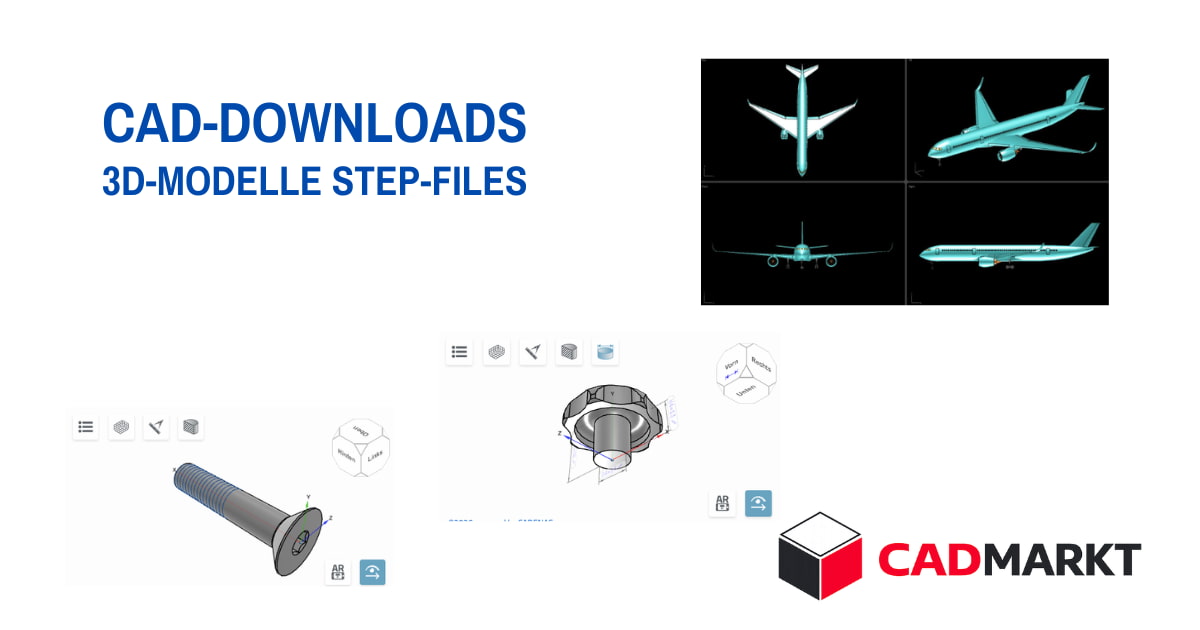 STEP-FILES zum Download - kostenlos- Darstellung: 3D-Modelle Schraube, Griff und Flugzeug