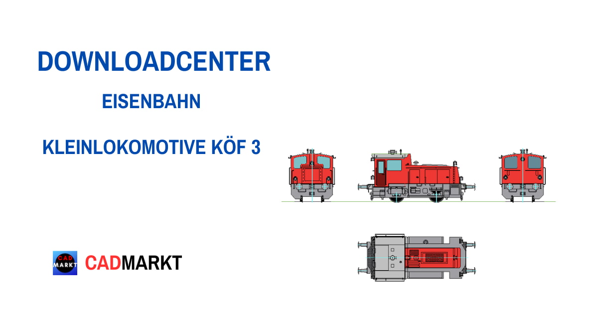 farbige technische Zeichnung der Kleinlokomotive Köf 3 in 4 Ansichten
