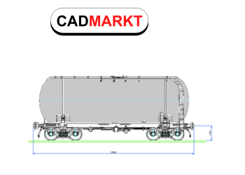 Darstellung eines Tankwagens der Eisenbahn als Technische Zeichnung. Seitenansicht