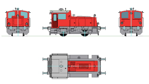 farbige Darstellung der Kleinlokomotive Köf-3 - 4 Ansichten Farben rot/grau