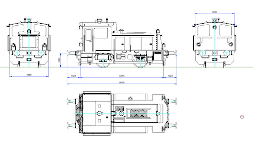 Kleinlokomotive Köf-3 - 4 Ansichten  Darstellung als technische Zeichnung mit Bemaßung