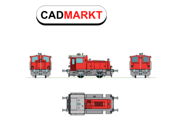 Technische Zeichnung der Kleinlokomotive Köf-3 - 4 Ansichten farbige Darstellung rot/grauansicht.