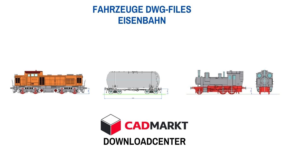 DWG-Downloads Eisenbahn Eisenbahn - 2D-Ansichten von Lokomotiven und Wagen für die DWG-Planung