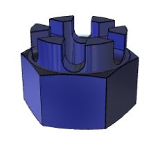 3D‑CAD‑Modell einer Kronenmutter in blauer Darstellung. (Step-Modell)