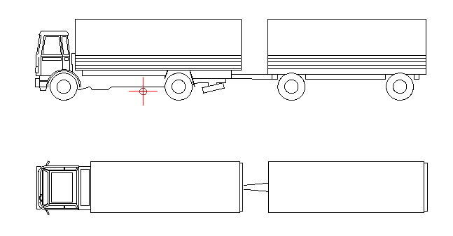 LKW mit Hänger - Technische Zeichnung in Seitenansicht und Draufsicht, Format DWG