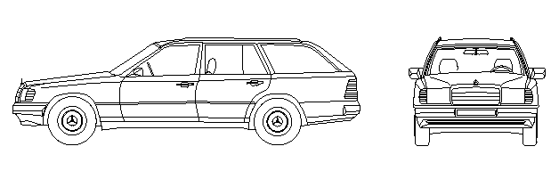 Technische Zeichnung Seitenansicht und Heckansicht eines Mercedes