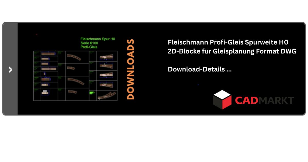 Schwarzer Hintergrund von CAD-Programm, gezeichnete Gleissymbole mit Bezeichnungen, Fleischmann Profigleis Spur H0 Text: Fleischmann H0, Format DWG