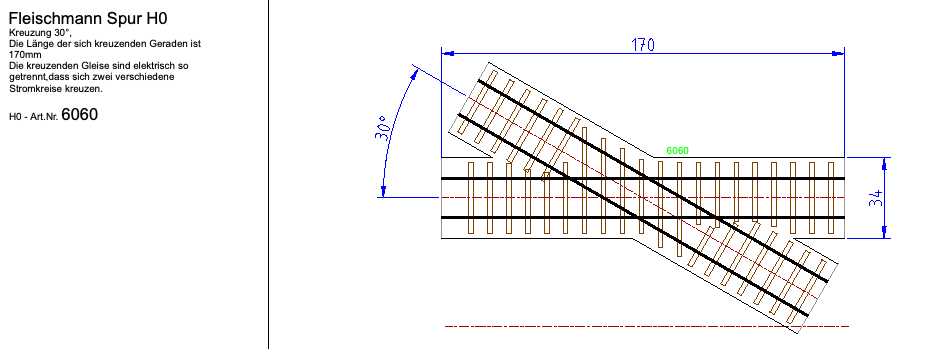 Fleischmann klassisch, Kreuzung 30° Art.-Nr. 6060, Format DWG (AutoCAD)