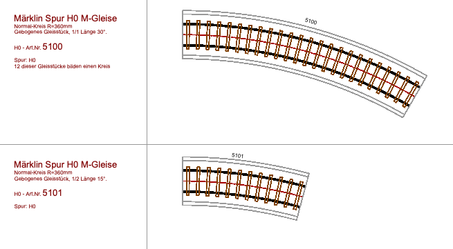 Downloads DWG-Blöcke Hintergrund weiss, Gleisbögen Märklin Spur H0 M-Gleis Nr. 5100 und Nr. 5101 im Grundriss gezeichnet, 1/1 Länge und 1/2 Länge, Text: Märklin H0 M-Gleise