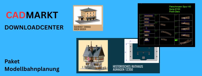 Bilder auf hellblauen Hintergrund, Text: Paket Modellbahnplanung, Bilder von Modellbahn Bahnhof, altes Rathaus, schwarzes Bild von Gleissymbolen